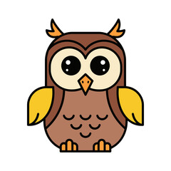 Cute cartoon illustration of a small brown owl with yellow wings and large, expressive eyes in a simple, geometric style