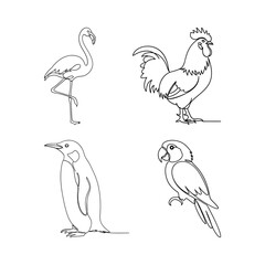 Continuous One Line Art Birds Set Flamingo Rooster Penguin Parrot