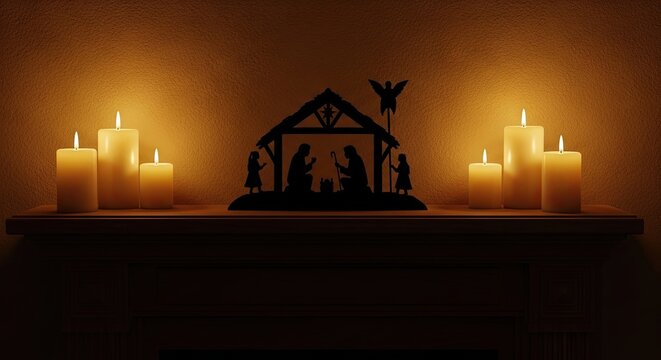Nativity Scene Illuminated by Warm Candles on a Mantle