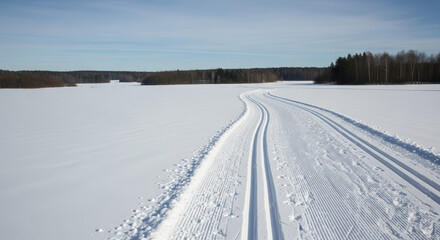 Obraz premium Cross country skiing trail marks path through snow covered landscape. Cross country skiing trail through winter environment, a route carved into icy expanse.