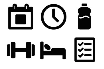 Bold Training Icons. Training Schedule silhouette icon set: calendar page, clock icon, dumbbell, water bottle, rest day icon, plan checklist.