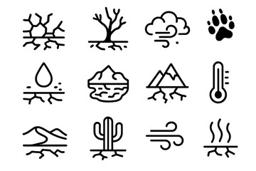 Drought Icons Collection. Environmental Drought linear icon set: cracked earth, dead tree, dust cloud, animal tracks, water droplet, dry lake, mountain, thermometer, sand dunes,
