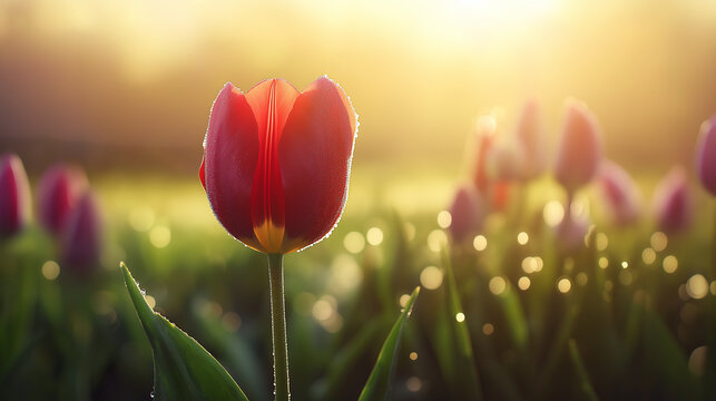 Stunning red tulip blooming at sunrise in a field, evoking feelings of hope and new beginnings for spring celebrations and garden inspiration