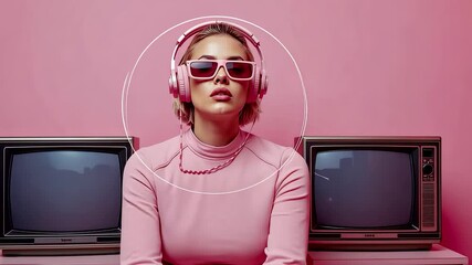 Stylish woman wearing pink headphones and sunglasses sitting between two retro televisions in a vibrant monochromatic pink studio setup - Powered by Adobe