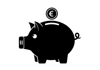 Black piggy bank with euro coin isolated PNG, savings and investment concept for finance and banking themes on transparent background