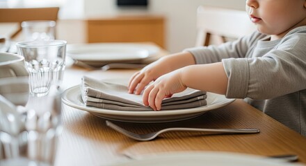 Young child carefully setting the table for a family meal learning important life skills