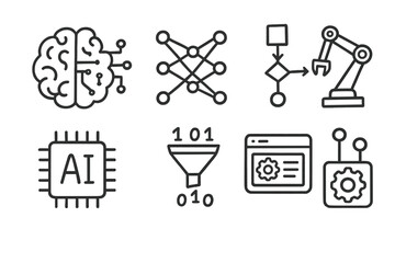 AI Icon Doodle Set. Intelligent Systems outline icons: digital brain, machine learning nodes, algorithm pipeline, robotic arm, AI chip, smart data stream, adaptive interface,