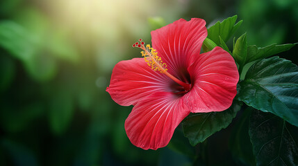 Vibrant red hibiscus blossom displaying intricate floral details against lush green backdrop, perfect for tropical themes and summer designs now