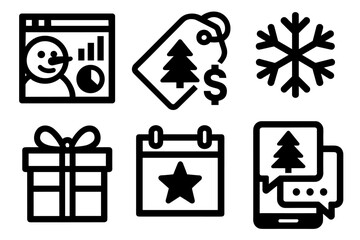 Bold Festive App Icons. Seasonal App Interface silhouette icon set: winter dashboard, holiday deals page, snowflake loading screen, gift reminder app, festive event calendar,