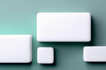 Four blank white geometric shapes with rounded corners are arranged on a teal background, suggesting a clean and modern design.