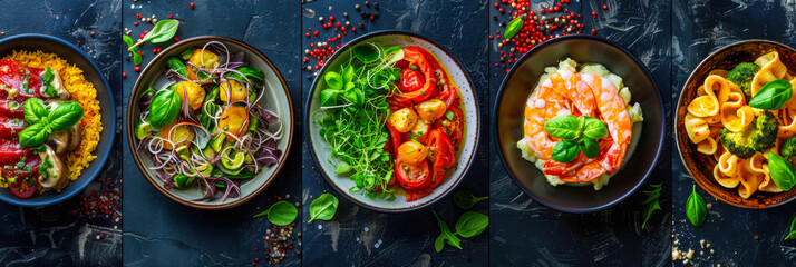 Colorful variety of fresh and vibrant dishes featuring vegetables and seafood served in stylish bowls