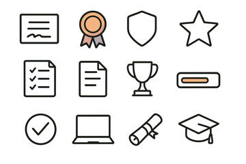 Online Certifications Icons. Modern Online Certifications outline icons: minimalist certificate, gradient ribbon, sleek badge, geometric star, structured checklist, clean document,