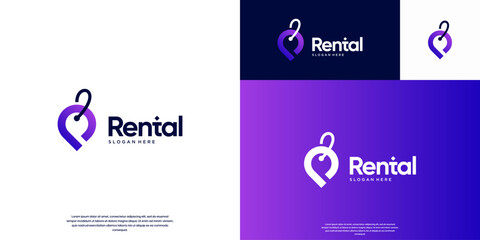Marketing logo with product label symbol and location pin, goods or property rental, digital services, vector illustration graphics.
