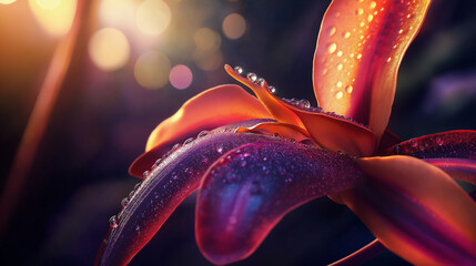 Stunning floral close-up with dew drops shimmering in the light, perfect for evoking beauty, freshness, and natural elegance in your creative projects