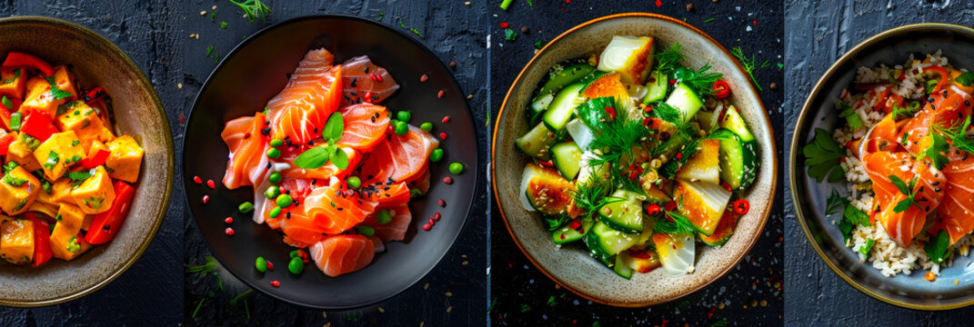 Fresh and vibrant salmon dishes presented in stylish bowls with colorful vegetables and rice highlights