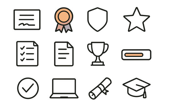 Online Certifications Icons. Modern Online Certifications outline icons: minimalist certificate, gradient ribbon, sleek badge, geometric star, structured checklist, clean document,