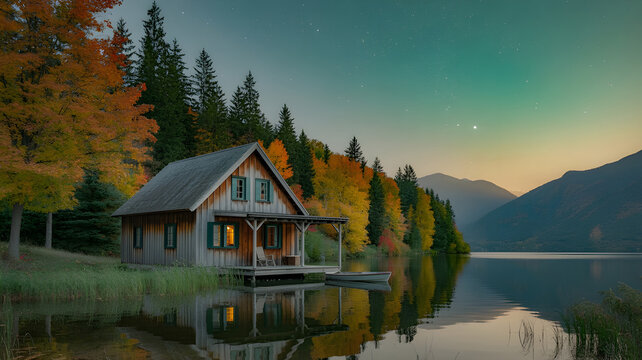 Autumn house by the lake surrounded by trees and nature