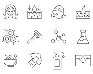 Set of skin care editable outline icons set. collation of natural cosmetic, organic cosmetic, dermatological control, vegan and more. Skin care linear style. Vector illustration. 