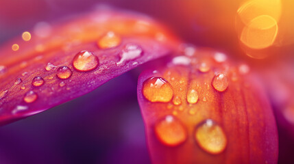 Stunning macro of vibrant flower petals glistening with dewdrops in golden light, perfect for wellness, beauty, and nature themes, full of vibrant color