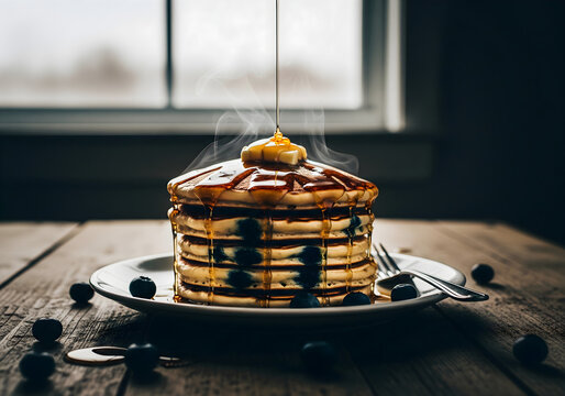 Stack of hot blueberry pancakes with butter and maple syrup being poured.
