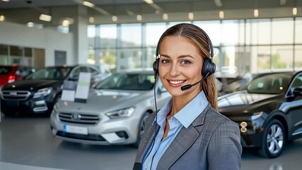 Smiling sales consultant with headset assisting customers inside a modern car dealership showroom filled with new vehicles on display