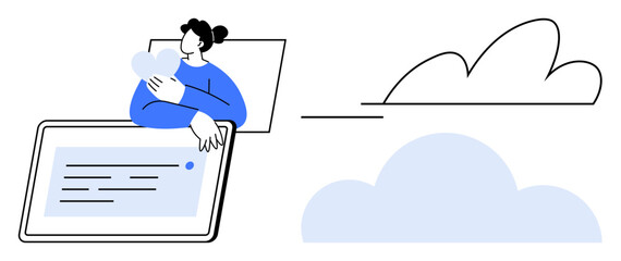 Woman holding heart sits on tablet filled with text elements, with surrounding cloud visuals. Ideal for themes thumbs up technology, connection, compassion, health, cloud computing, love, simple flat