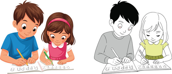 Children Practicing Handwriting in Classroom Setting with Workbooks, Tracing Letters and Words, Educational Activity for Early Learning and Development