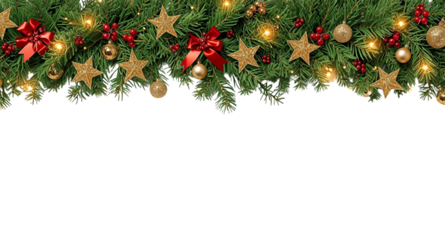 Holiday garland with golden stars, red bows, glowing lights.