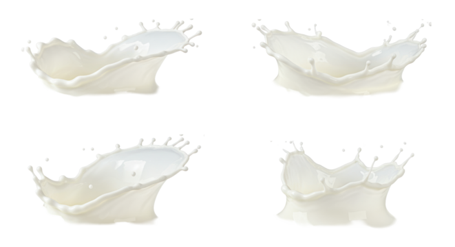 Four dynamic, fresh, transparent milk splashes with hyper-detailed, glossy droplets, frozen in mid-air, against a transparent background with copy space. Commercial advertising concept