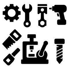 Obraz premium Industrial Tool Icons. Manufacturing Equipment silhouette icon set: gear system, wrench, piston, drill, saw, machine press, control switch, bolt.