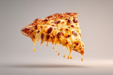 A single slice of pizza with melted cheese and toppings isolated on a plain light background