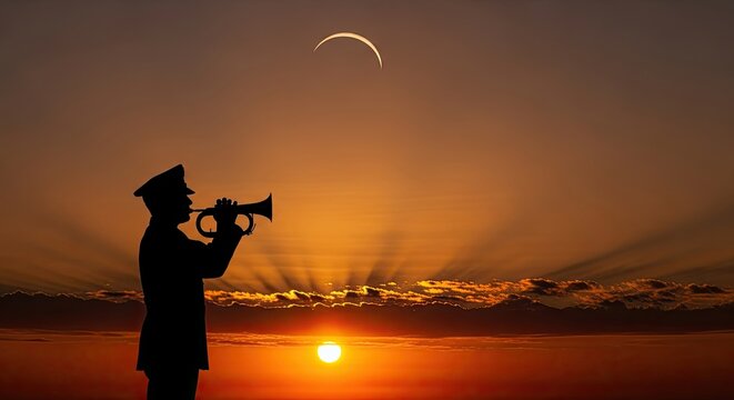 Bugler Silhouette at Sunrise Symbolizing Remembrance and Hope