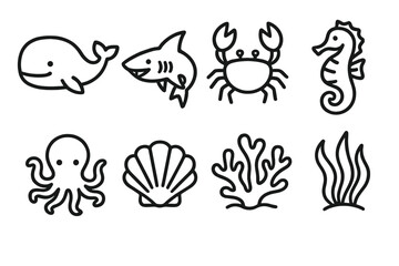 Fototapeta premium Outlined Marine Icons. Marine Life Set linear icon set: whale, shark, crab, seahorse, octopus, shell, coral, seaweed.