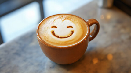 Warm morning coffee with a delightful smiley face latte art design brings instant joy and a positive start to any day
