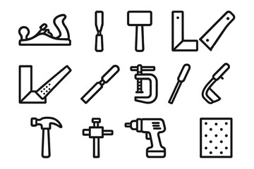 Fototapeta premium Woodworking Tools Outline. Woodworking Tools linear icon set: hand plane, chisel, mallet, saw, square, rasp, clamp, file, hammer, marking gauge, drill, sandpaper. , .