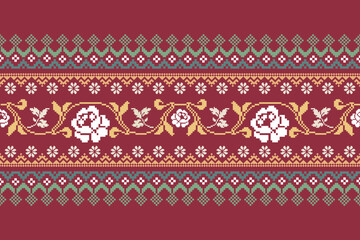 Pixel ethnic pattern border. Cross stitch embroidery pattern. Abstract background, Design for fabric, curtain, carpet ,scarf, rug. pixel textile fabric illustration vector. Knitted