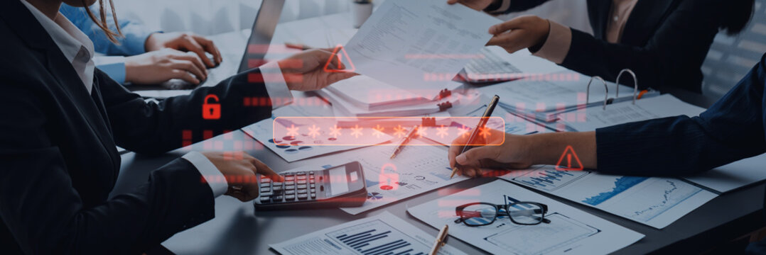 Business Professionals Collaborating at a Desk with Financial Documents and Digital Insights Illustrated to Reflect Data Analysis and Security Concepts Trope. - Powered by Adobe