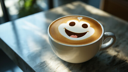 Brighten your day with a cheerful latte art coffee cup, bringing smiles and warmth to any morning moment.