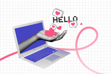 Banner image pop artwork 3d photo collage of human hand peek laptop device heart reaction social network notification hello