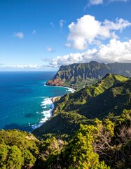 Coastal scenic vista showcasing deep blue ocean, rugged mountains, lush green hills, and fluffy white clouds against bright blue sky