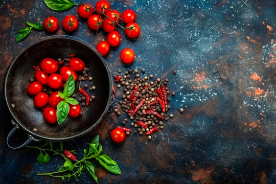 Fresh cherry tomatoes and spices arranged beautifully on a rustic wooden table - Powered by Adobe