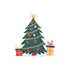 Beautiful decorated Christmas tree with ornaments and gifts beneath, perfect holiday illustration representing joy, family, and winter celebration traditions