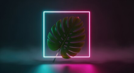 Vibrant monstera leaf framed by glowing neon lights, a modern botanical accent that pops with color and adds a fresh, tropical vibe to any project.