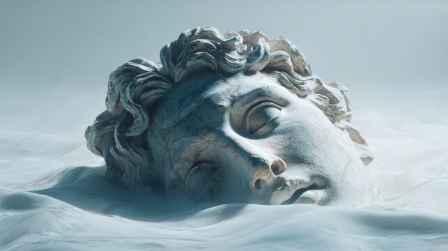 Large classical stone sculpture head partially buried in snow with detailed curly hair and serene facial expression, winter environment.