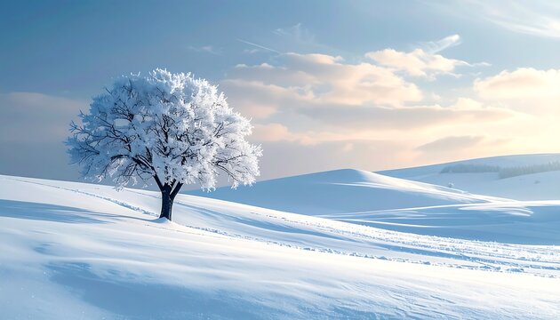 A frosted tree stands alone in a snowy, rolling landscape under a bright blue sky with scattered clouds
