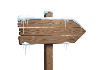 Wooden direction sign with snow and icicles isolated PNG, winter themed signpost on transparent background for seasonal design projects