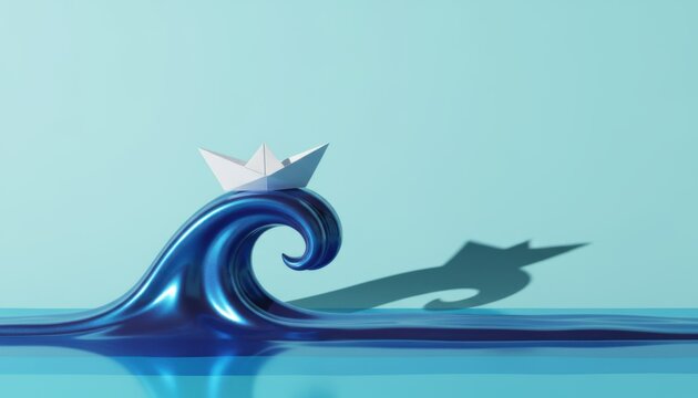 Embark on a journey of dreams with a paper boat sailing the blue wave, evoking tranquility and adventure on a serene ocean voyage, a symbol of escape.