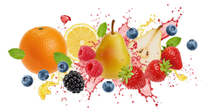 Vibrant orange, lemon, pear, berries, mint, red droplets, yellow shapes, suspended on white background. Concept of healthy abundance