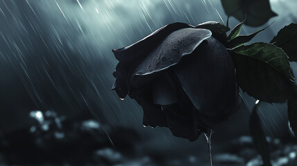 Dramatic black rose glistens with raindrops during a gentle shower offering a stunning, moody aesthetic for artistic projects and evocative campaigns