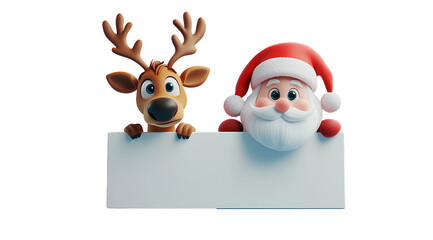 Santa Claus and Reindeer Holiday Greeting Character Holding Sign Advertisement Illustration Render